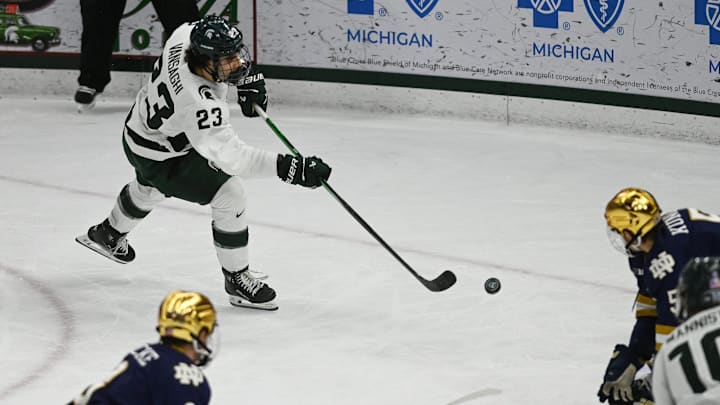 MSU's Shane Vansaghi shoots and scores against Notre Dame, Saturday, Nov. 15, 2024, at Munn Ice Arena. MSU won 4-3 to sweep the series. MSU's Shane Vansaghi shoots and scores against Notre Dame, Saturday, Nov. 15, 2024, at Munn Ice Arena. MSU won 4-3 to sweep the series.