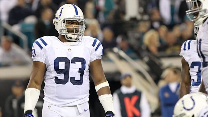 November 8, 2012; Jacksonville FL, USA; Indianapolis Colts outside linebacker Dwight Freeney (93) during the second quarter against the Jacksonville Jaguars at EverBank Field. Mandatory Credit: Kim Klement-Imagn Images