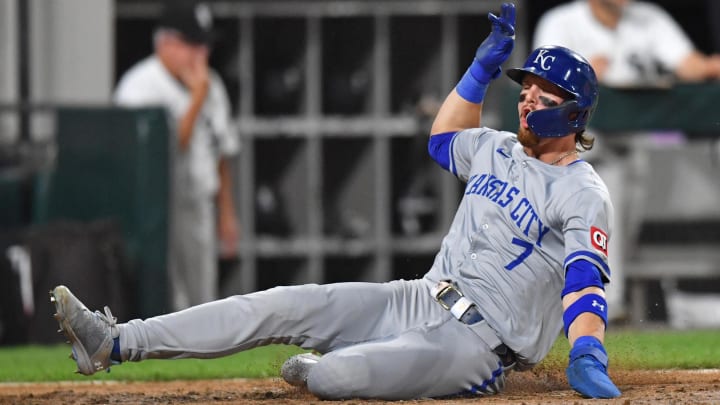 Jul 30, 2024; Chicago, Illinois, USA; Kansas City Royals shortstop Bobby Witt Jr. (7) slides into home plate to score a run during the eighth inning against the Chicago White Sox at Guaranteed Rate Field. Jul 30, 2024; Chicago, Illinois, USA; Kansas City Royals shortstop Bobby Witt Jr. (7) slides into home plate to score a run during the eighth inning against the Chicago White Sox at Guaranteed Rate Field.