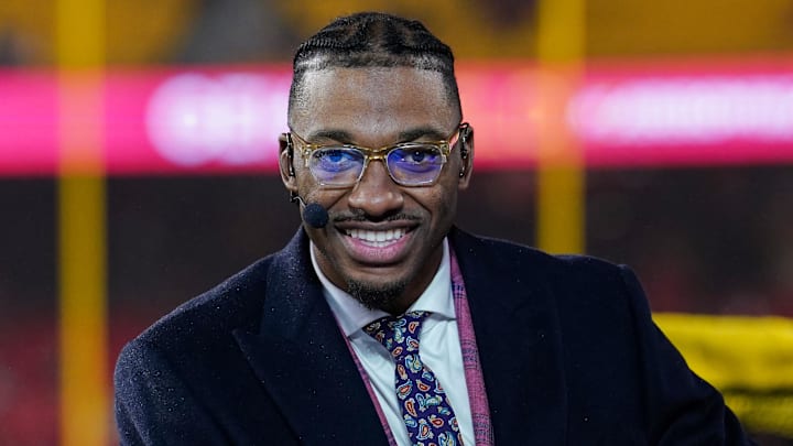 Nov 20, 2023; Kansas City, Missouri, USA; Monday Night Football commentator Robert Griffin III at the broadcast desk prior to a game between the Kansas City Chiefs and Philadelphia Eagles at GEHA Field at Arrowhead Stadium. Mandatory Credit: Denny Medley-USA TODAY Sports