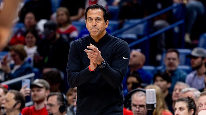 Apr 11, 2025; New Orleans, Louisiana, USA; Miami Heat head coach Erik Spoelstra against the New Orleans Pelicans during the first half at Smoothie King Center. Mandatory Credit: Stephen Lew-Imagn Images