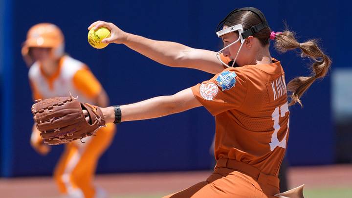 Texas Longhorns pitcher Teagan Kavan (17) throws a pitch during a Women's College World Series softball game between the University of Texas Longhorns and the Tennessee Lady Volunteers at Devon Park in Oklahoma City, Monday, June 1, 2026. Texas Longhorns pitcher Teagan Kavan (17) throws a pitch during a Women's College World Series softball game between the University of Texas Longhorns and the Tennessee Lady Volunteers at Devon Park in Oklahoma City, Monday, June 1, 2026.