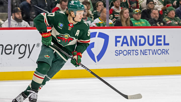 Dec 20, 2024; Saint Paul, Minnesota, USA;  Minnesota Wild forward Kirill Kaprizov (97) turns up ice against the Utah Hockey Club during the third period at Xcel Energy Center. Mandatory Credit: Nick Wosika-Imagn Images