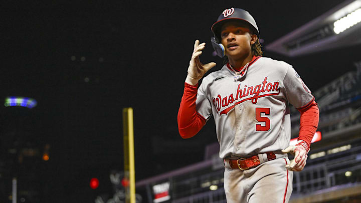 Apr 21, 2023; Minneapolis, Minnesota, USA; Washington Nationals infielder C.J. Abrams (5) returns to Apr 21, 2023; Minneapolis, Minnesota, USA; Washington Nationals infielder C.J. Abrams (5) returns to