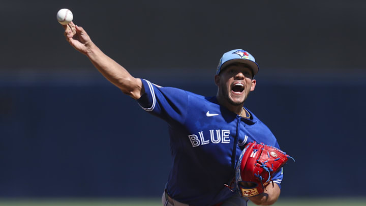 Feb 28, 2026; Tampa, Florida, USA; Toronto Blue Jays starting pitcher Jose Berrios (17) throws a pitch against the New York Yankees in the second inning during spring training at George M. Steinbrenner Field. Mandatory Credit: Nathan Ray Seebeck-Imagn Images