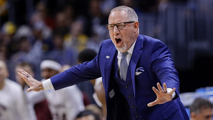 March 20, 2025; Denver, CO, USA; Texas A&M Aggies head coach Buzz Williams reacts during the first half against the Yale Bulldogs at Ball Arena. Mandatory Credit: Isaiah J. Downing-Imagn Images