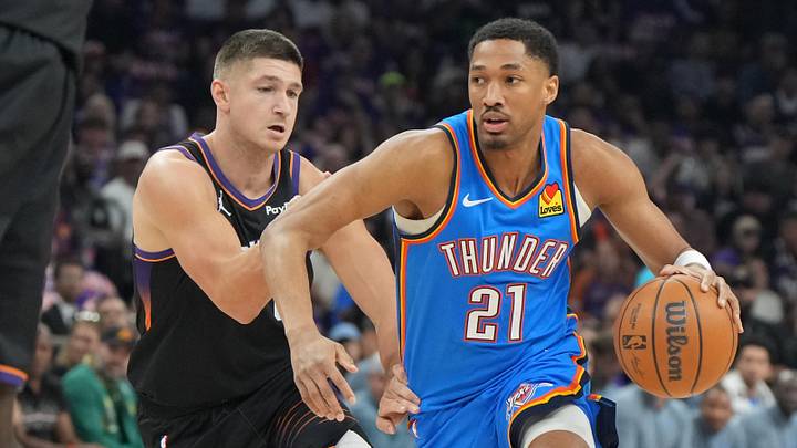 Apr 25, 2026; Phoenix, Arizona, USA; Oklahoma City Thunder guard Aaron Wiggins (21) drives around Phoenix Suns guard Grayson Allen (8) in the first half during game three of the first round of the 2026 NBA Playoffs at Mortgage Matchup Center. Mandatory Credit: Rick Scuteri-Imagn Images Apr 25, 2026; Phoenix, Arizona, USA; Oklahoma City Thunder guard Aaron Wiggins (21) drives around Phoenix Suns guard Grayson Allen (8) in the first half during game three of the first round of the 2026 NBA Playoffs at Mortgage Matchup Center. Mandatory Credit: Rick Scuteri-Imagn Images