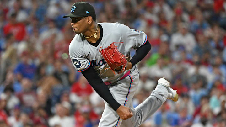 Sep 23, 2025; Philadelphia, Pennsylvania, USA; Miami Marlins pitcher Edward Cabrera (27) throws a pitch during the second inning against the Philadelphia Phillies at Citizens Bank Park.