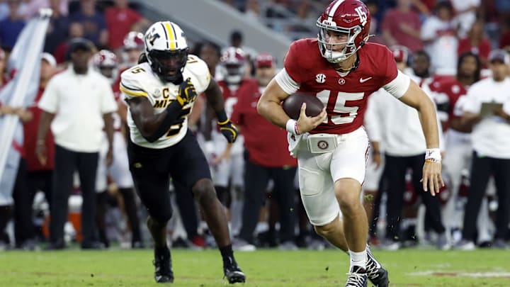 Oct 26, 2024; Tuscaloosa, Alabama, USA; Alabama Crimson Tide quarterback Ty Simpson (15) scrambles for a first down against the Missouri Tigers during the second half at Bryant-Denny Stadium. Mandatory Credit: Butch Dill-Imagn Images Oct 26, 2024; Tuscaloosa, Alabama, USA; Alabama Crimson Tide quarterback Ty Simpson (15) scrambles for a first down against the Missouri Tigers during the second half at Bryant-Denny Stadium. Mandatory Credit: Butch Dill-Imagn Images