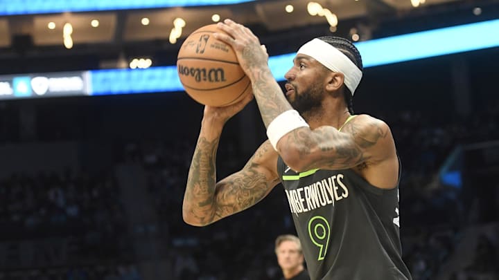Mar 5, 2025; Charlotte, North Carolina, USA; Minnesota Timberwolves guard Nickeil Alexander-Walker (9) looks to shoot during the second half against the Charlotte Hornets at the Spectrum Center. Mar 5, 2025; Charlotte, North Carolina, USA; Minnesota Timberwolves guard Nickeil Alexander-Walker (9) looks to shoot during the second half against the Charlotte Hornets at the Spectrum Center.