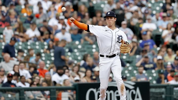 Aug 6, 2023; Detroit, Michigan, USA; Detroit Tigers third baseman Nick Maton (9) makes a throw towards first base during a game at Comerica Park