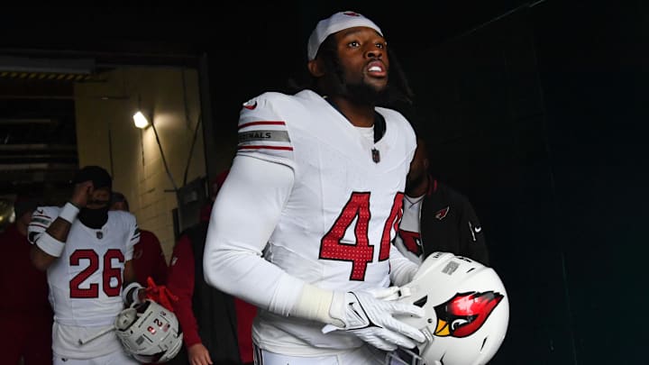 Dec 31, 2023; Philadelphia, Pennsylvania, USA; Arizona Cardinals linebacker Owen Pappoe (44) in the tunnel before game against the Philadelphia Eagles at Lincoln Financial Field. Mandatory Credit: Eric Hartline-Imagn Images