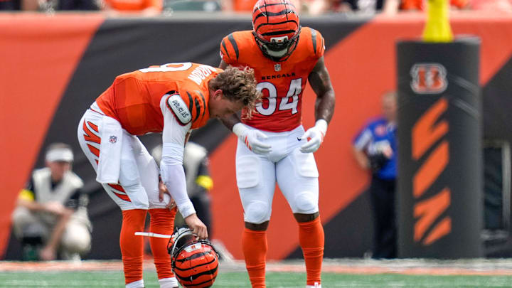 Cincinnati Bengals quarterback Joe Burrow (9) is injured on a play in the second quarter of the NFL Week 2 game between the Cincinnati Bengals and the Jacksonville Jaguars at Paycor Stadium in downtown Cincinnati on Sunday, Sept. 14, 2025. The Jaguars led 17-10 at halftime.