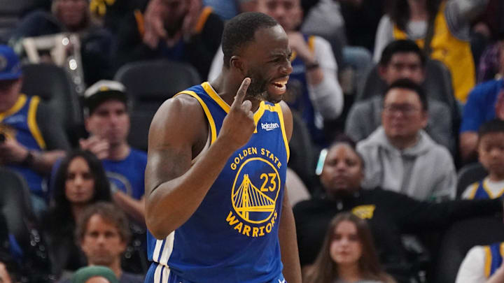 Jan 4, 2025; San Francisco, California, USA;  Golden State Warriors forward Draymond Green (23) argues with the referee during a game against the Memphis Grizzlies in the second quarter at Chase Center. Mandatory Credit: David Gonzales-Imagn Images