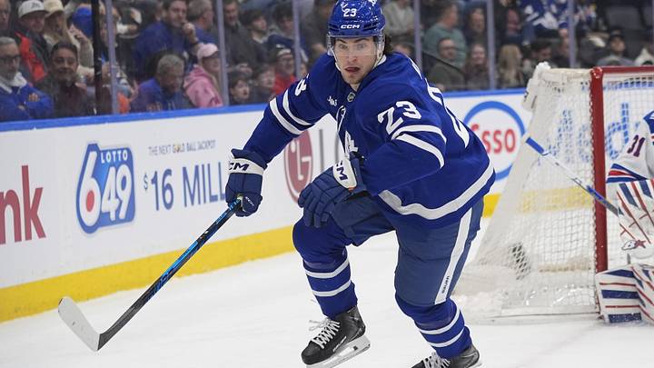 Mar 25, 2026; Toronto, Ontario, CAN; Toronto Maple Leafs forward Matthew Knies (23) skates against the New York Rangers during the first period at Scotiabank Arena. Mandatory Credit: John E. Sokolowski-Imagn Images Mar 25, 2026; Toronto, Ontario, CAN; Toronto Maple Leafs forward Matthew Knies (23) skates against the New York Rangers during the first period at Scotiabank Arena. Mandatory Credit: John E. Sokolowski-Imagn Images