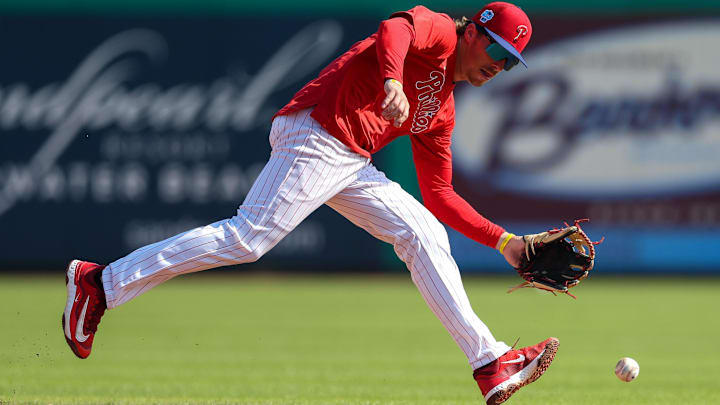Feb 28, 2023; Clearwater, Florida, USA; Philadelphia Phillies shortstop Bryson Stott (5) takes