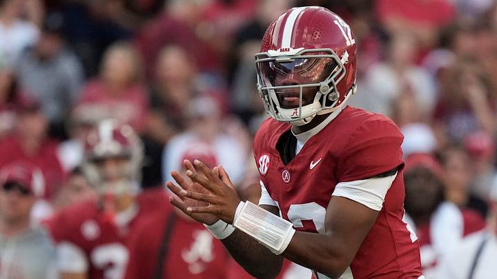 Nov 22, 2025; Tuscaloosa, Alabama, USA;  Alabama quarterback Keelon Russell (12) gets ready to take a snap during the game with Eastern Illinois at Saban Field at Bryant-Denny Stadium. Mandatory Credit: Gary Cosby Jr.-Imagn Images