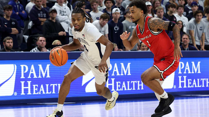 Penn State Nittany Lions guard Kayden Mingo (4) dribbles during the first half against the Fairfield Stags at Bryce Jordan Center. 