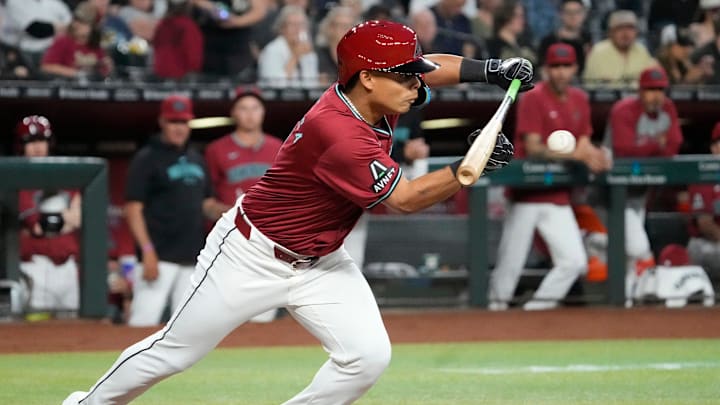 Arizona Diamondbacks’ Jorge Barrosa (1) bunts during the first inning against the New York Yankees at Chase Field in Phoenix on April 2, 2024. Arizona Diamondbacks’ Jorge Barrosa (1) bunts during the first inning against the New York Yankees at Chase Field in Phoenix on April 2, 2024.