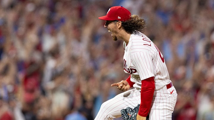 Aug 9, 2023; Philadelphia, Pennsylvania, USA; Philadelphia Phillies starting pitcher Michael Lorenzen (22) reacts after pitching a no hitter for a victory against the Washington Nationals at Citizens Bank Park. Aug 9, 2023; Philadelphia, Pennsylvania, USA; Philadelphia Phillies starting pitcher Michael Lorenzen (22) reacts after pitching a no hitter for a victory against the Washington Nationals at Citizens Bank Park.