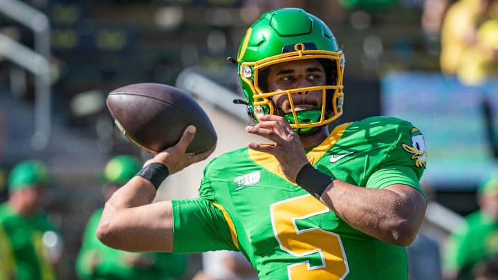 Oregon Ducks quarterback Dante Moore throws out a pass during warm ups as the Oregon Ducks host the Idaho Vandals Saturday, Aug. 31, 2024 at Autzen Stadium in Eugene, Ore.