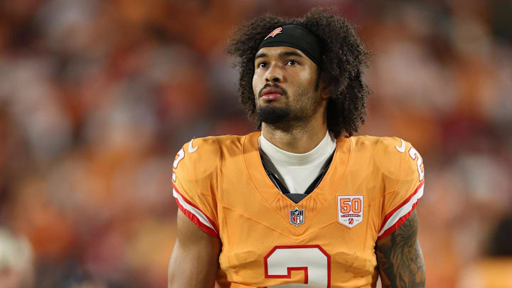 Dec 11, 2025; Tampa, Florida, USA; Tampa Bay Buccaneers wide receiver Emeka Egbuka (2) looks on against the Atlanta Falcons during the first quarter at Raymond James Stadium. 