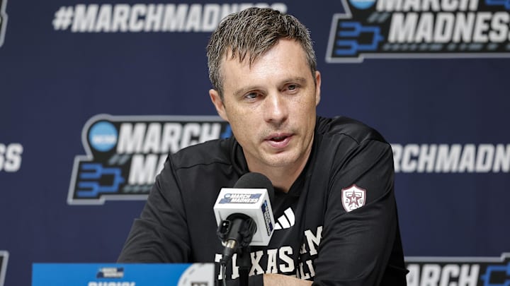 Texas A&M Aggies head coach Bucky McMillan speaks to the media during a press conference ahead of the first round of the men's 2026 NCAA Tournament at Paycom Center. Texas A&M Aggies head coach Bucky McMillan speaks to the media during a press conference ahead of the first round of the men's 2026 NCAA Tournament at Paycom Center.