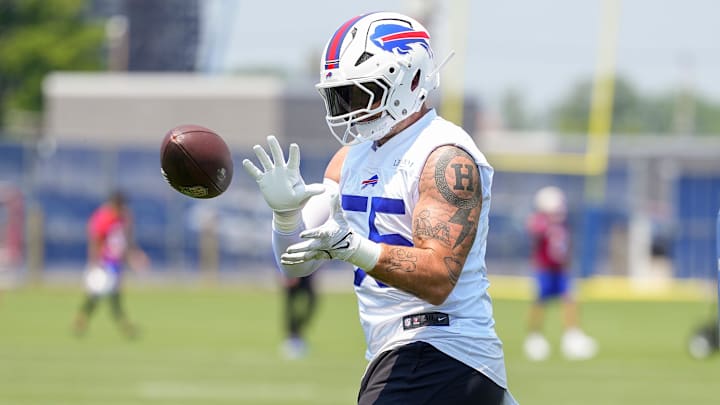 Jun 11, 2025; Orchard Park, NY, USA; Buffalo Bills defensive end Michael Hoecht (55) makes a catch during Minicamp at Highmark Stadium.