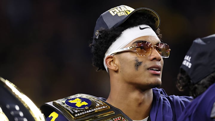 Jan 8, 2024; Houston, TX, USA; Michigan Wolverines defensive back Will Johnson (2) celebrates after winning the 2024 College Football Playoff national championship.