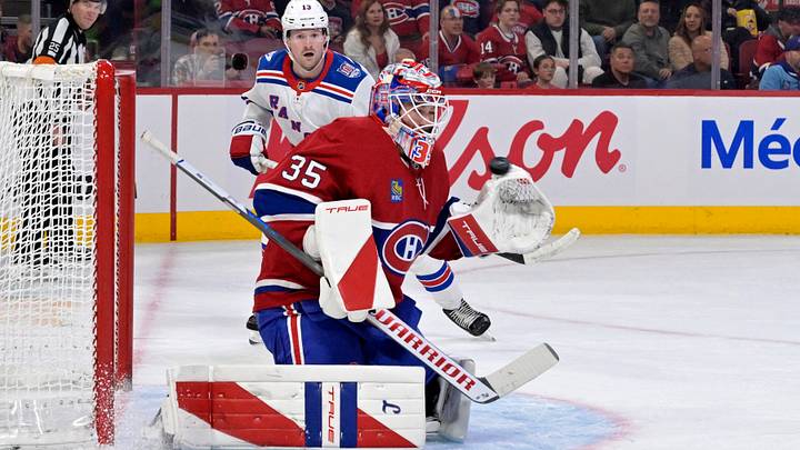 Oct 18, 2025; Montreal, Quebec, CAN; New York Rangers forward Mika Zibanejad (93) (not pictured) scores a goal against Montreal Canadiens goalie Sam Montembeault (35) during the first period at the Bell Centre. Mandatory Credit: Eric Bolte-Imagn Images