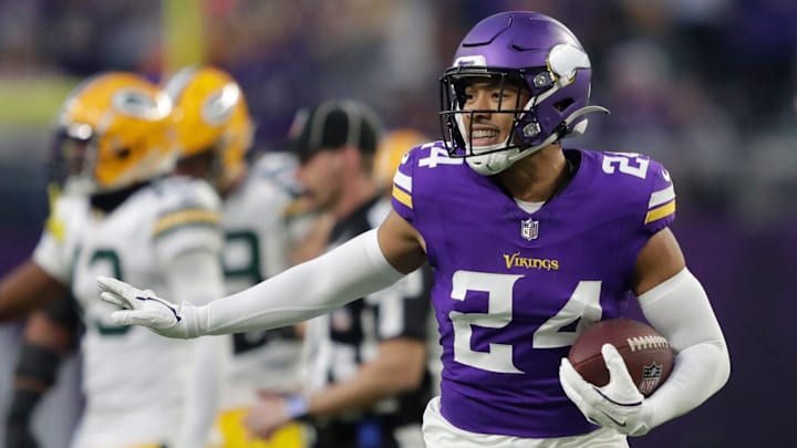 Minnesota Vikings safety Camryn Bynum celebrates recovering a fumble by Green Bay Packers running back Josh Jacobs in the first quarter during their football game Sunday, Dec. 29, 2024, at U.S. Bank Stadium in Minneapolis.