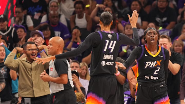 Oct 10, 2025; Phoenix, Arizona, USA; Phoenix Mercury guard Kahleah Copper (2) celebrates a basket against the Las Vegas Aces during the first half of game four of the 2025 WNBA Finals at Mortgage Matchup Center. Mandatory Credit: Joe Camporeale-Imagn Images