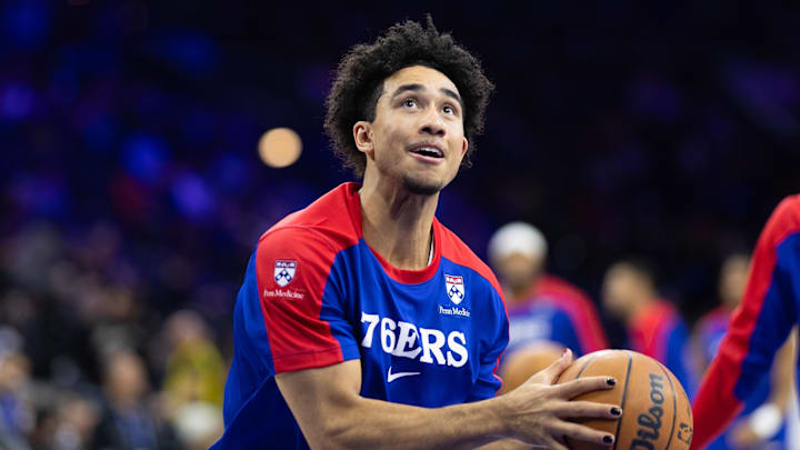 Dec 4, 2024; Philadelphia, Pennsylvania, USA; Philadelphia 76ers guard Jared McCain before action against the Orlando Magic at Wells Fargo Center. Mandatory Credit: Bill Streicher-Imagn Images Dec 4, 2024; Philadelphia, Pennsylvania, USA; Philadelphia 76ers guard Jared McCain before action against the Orlando Magic at Wells Fargo Center. Mandatory Credit: Bill Streicher-Imagn Images
