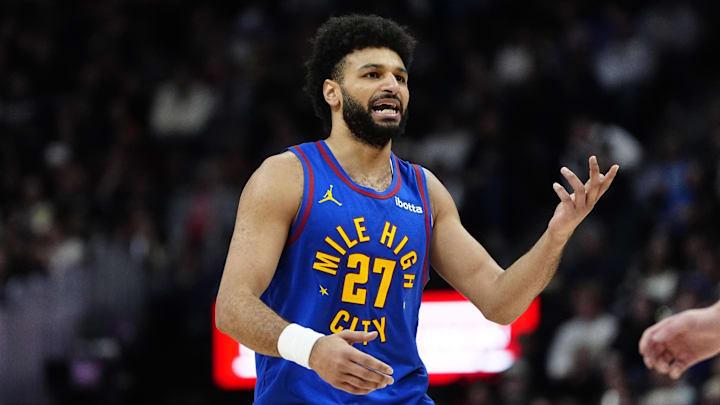 Feb 3, 2025; Denver, Colorado, USA; Denver Nuggets guard Jamal Murray (27) reacts in the second quarter against the New Orleans Pelicans at Ball Arena. Mandatory Credit: Ron Chenoy-Imagn Images Feb 3, 2025; Denver, Colorado, USA; Denver Nuggets guard Jamal Murray (27) reacts in the second quarter against the New Orleans Pelicans at Ball Arena. Mandatory Credit: Ron Chenoy-Imagn Images