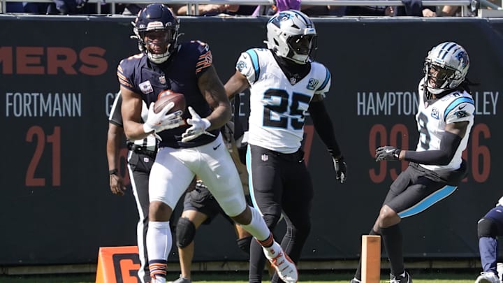 DJ Moore scores against his old team in the first half of Sunday's Bears-Panthers game.