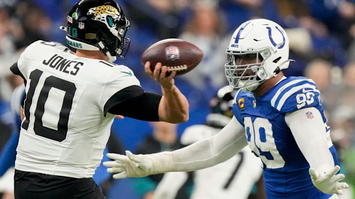 Indianapolis Colts defensive tackle DeForest Buckner (99) puts pressure on Jacksonville Jaguars quarterback Mac Jones (10) on Sunday, Jan. 5, 2025, during a game against the Jacksonville Jaguars at Lucas Oil Stadium in Indianapolis. Indianapolis Colts defensive tackle DeForest Buckner (99) puts pressure on Jacksonville Jaguars quarterback Mac Jones (10) on Sunday, Jan. 5, 2025, during a game against the Jacksonville Jaguars at Lucas Oil Stadium in Indianapolis.