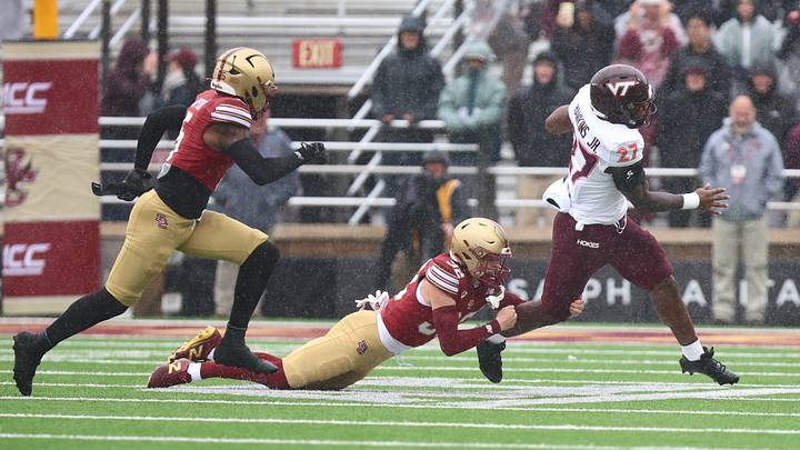 Sep 26, 2026; Chestnut Hill, Massachusetts, USA; Virginia Tech Hokies running back Marcellous Hawkins, Jr. (27) breaks a tackle in the first half against the Boston College Eagles at Alumni Stadium. Mandatory Credit: Edward Finan-Imagn Images Sep 26, 2026; Chestnut Hill, Massachusetts, USA; Virginia Tech Hokies running back Marcellous Hawkins, Jr. (27) breaks a tackle in the first half against the Boston College Eagles at Alumni Stadium. Mandatory Credit: Edward Finan-Imagn Images