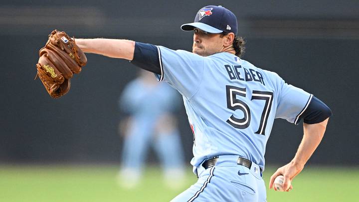 Toronto Blue Jays pitcher Shane Bieber (57) delivers. Credit: Denis Poroy-Imagn Images Toronto Blue Jays pitcher Shane Bieber (57) delivers. Credit: Denis Poroy-Imagn Images