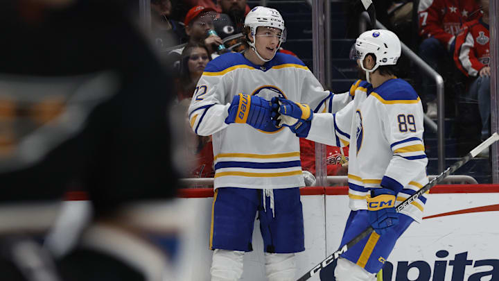 Jan 3, 2023; Washington, District of Columbia, USA; Buffalo Sabres center Tage Thompson (72) celebrates with Sabres right wing Alex Tuch (89) after scoring a goal against the Washington Capitals in the second period at Capital One Arena. Mandatory Credit: Geoff Burke-Imagn Images Jan 3, 2023; Washington, District of Columbia, USA; Buffalo Sabres center Tage Thompson (72) celebrates with Sabres right wing Alex Tuch (89) after scoring a goal against the Washington Capitals in the second period at Capital One Arena. Mandatory Credit: Geoff Burke-Imagn Images