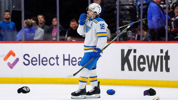 Apr 5, 2026; Denver, Colorado, USA; St. Louis Blues center Robert Thomas (18) after his hat trick goal against the Colorado Avalanche in the third period at Ball Arena. Mandatory Credit: Isaiah J. Downing-Imagn Images