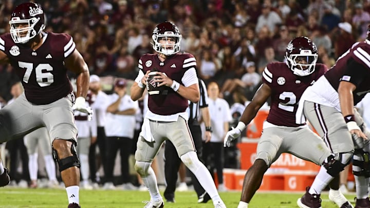 Sep 14, 2024; Starkville, Mississippi, USA; Mississippi State Bulldogs quarterback Blake Shapen (2) looks to pass against the Toledo Rockets during the second quarter at Davis Wade Stadium at Scott Field. Mandatory Credit: Matt Bush-Imagn Images