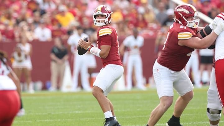 Aug 30, 2025; Ames, Iowa, USA; Iowa State Cyclones quarterback Rocco Becht (3) sits in the pockets to throw a pass against the South Dakota Coyotes at Jack Trice Stadium. Aug 30, 2025; Ames, Iowa, USA; Iowa State Cyclones quarterback Rocco Becht (3) sits in the pockets to throw a pass against the South Dakota Coyotes at Jack Trice Stadium.