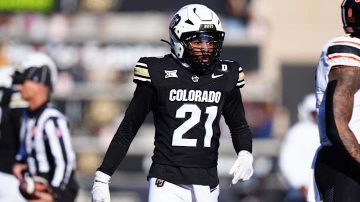 Colorado Buffaloes safety Shilo Sanders reacts in the second quarter against the Oklahoma State Cowboys at Folsom Field. 