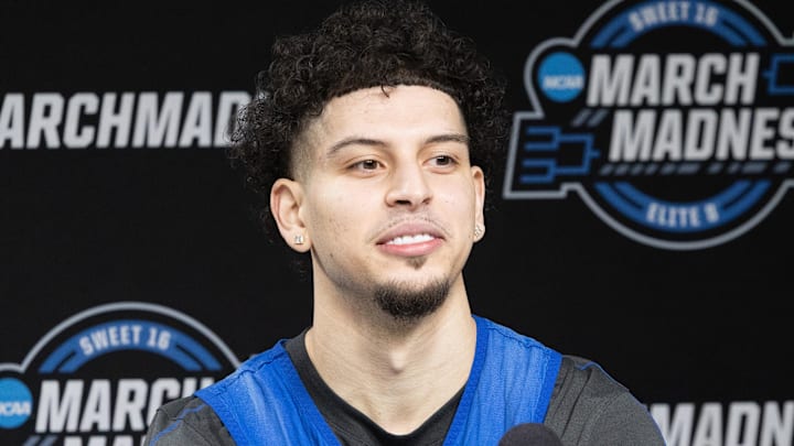 Mar 27, 2025; Indianapolis, IN, USA; Kentucky Wildcats guard Koby Brea (4) talks to the media during practice day at Lucas Oil Stadium. Mandatory Credit: Trevor Ruszkowski-Imagn Images Mar 27, 2025; Indianapolis, IN, USA; Kentucky Wildcats guard Koby Brea (4) talks to the media during practice day at Lucas Oil Stadium. Mandatory Credit: Trevor Ruszkowski-Imagn Images