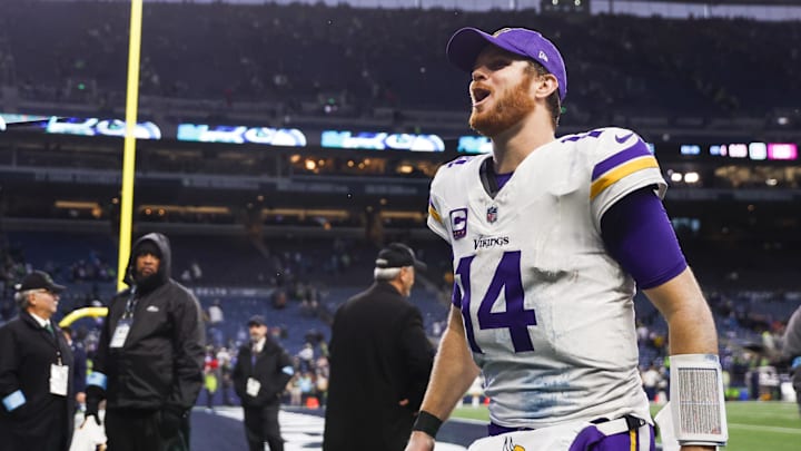 Dec 22, 2024; Seattle, Washington, USA; Minnesota Vikings quarterback Sam Darnold (14) celebrates following a victory against the Seattle Seahawks at Lumen Field. Mandatory Credit: Joe Nicholson-Imagn Images