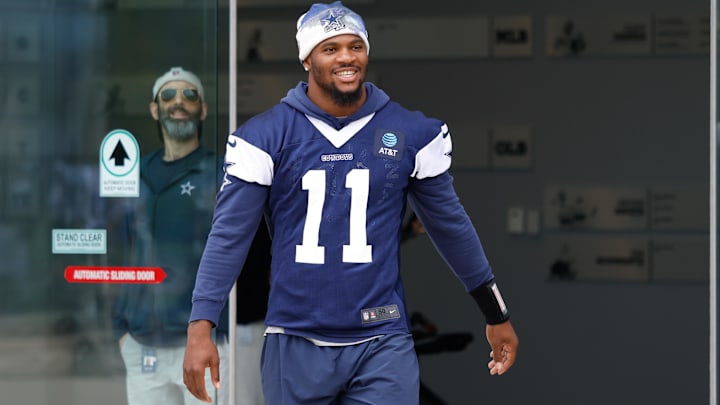 Dallas Cowboys EDGE Micah Parsons walks onto the practice field at the Ford Center at the Star Training Facility.