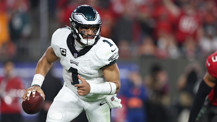 Jan 15, 2024; Tampa, Florida, USA; Philadelphia Eagles quarterback Jalen Hurts (1) runs with the