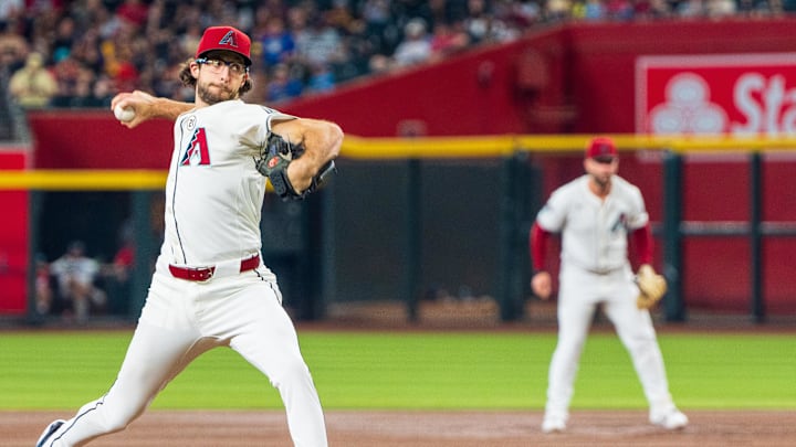 Sep 15, 2024; Phoenix, Arizona, USA; Arizona Diamondbacks starting pitcher Zac Gallen (23) on the mound in the fifth inning during a game against the Milwaukee Brewers at Chase Field. Mandatory Credit: Allan Henry-Imagn Images