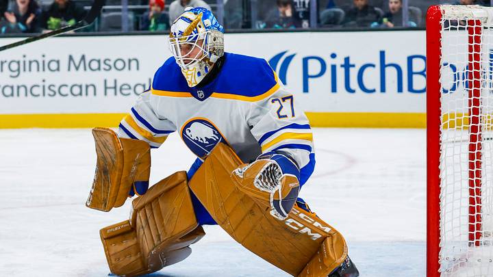 Jan 20, 2025; Seattle, Washington, USA; Buffalo Sabres goaltender Devon Levi (27) defends the net without a stick against the Seattle Kraken during the third period at Climate Pledge Arena. Mandatory Credit: Joe Nicholson-Imagn Images Jan 20, 2025; Seattle, Washington, USA; Buffalo Sabres goaltender Devon Levi (27) defends the net without a stick against the Seattle Kraken during the third period at Climate Pledge Arena. Mandatory Credit: Joe Nicholson-Imagn Images