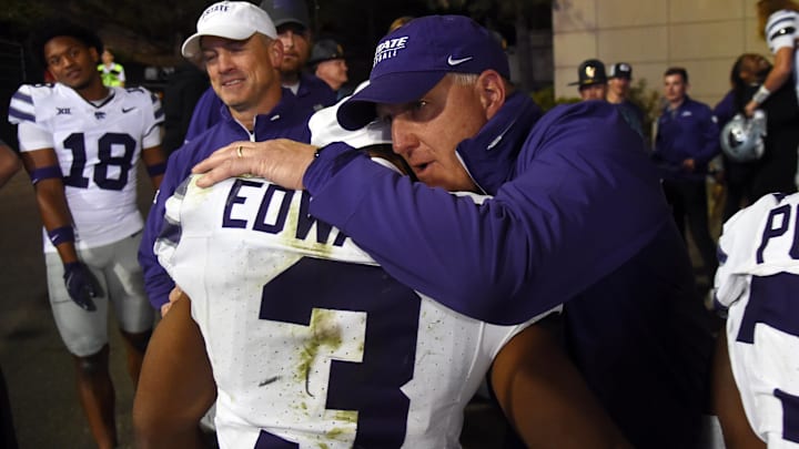 Oct 12, 2024; Boulder, Colorado, USA; Kansas State Wildcats running back Dylan Edwards (3) celebrates with Kansas State Wildcats head coach Chris Klieman after a win against the Colorado Buffaloes at Folsom Field. Mandatory Credit: Christopher Hanewinckel-Imagn Images